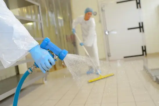 Gloved workers performing industrial cleaning with water spray and mop to maintain hygiene and safety compliance standards.