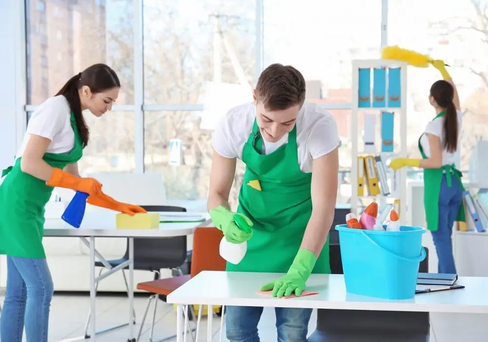 Office cleaning crew using non-toxic sprays and cloths as part of daily green cleaning routine indoors.