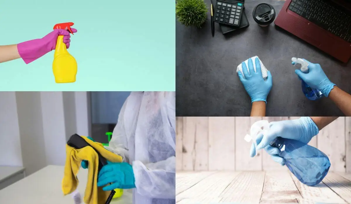 Various eco-friendly commercial cleaning methods including spray bottles, gloves, cloths, and protective gear.