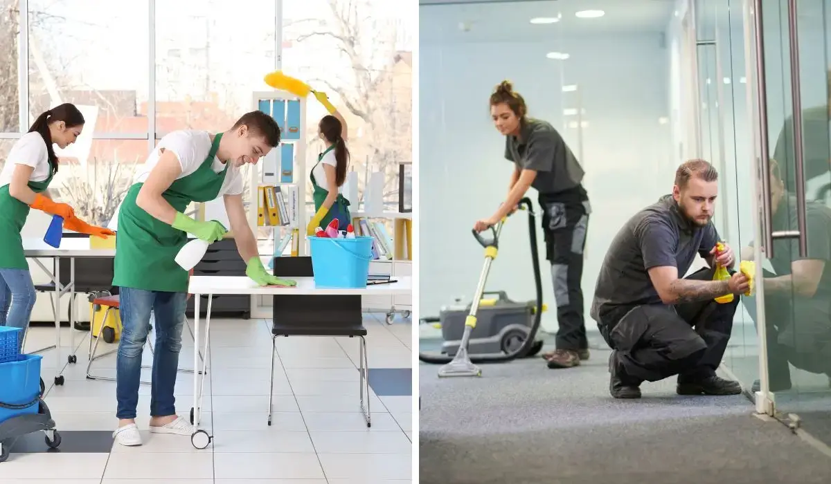 Janitorial cleaning services vs. office cleaning shown with one team cleaning desks and windows, while another uses floor machines and wipes down glass panels.