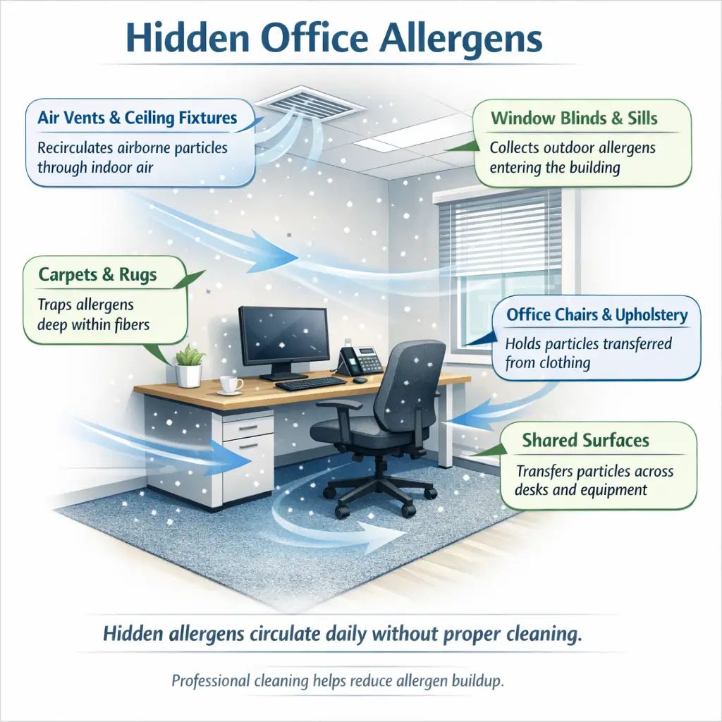 Allergy-Reducing Cleaning Strategies diagram showing hidden office allergens in vents carpets chairs surfaces affecting air quality.