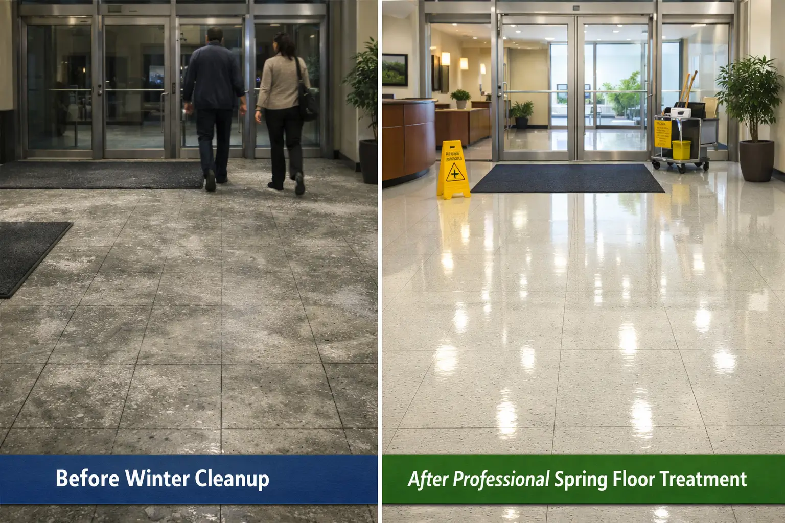 Commercial lobby floor before and after spring cleaning showing restored shine and removal of winter grime.
