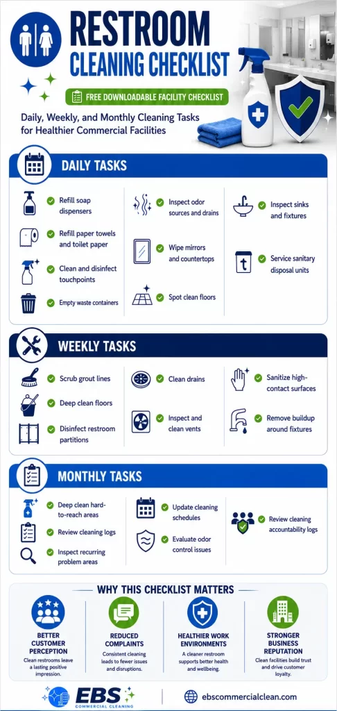 Restroom Reputation infographic showing commercial restroom cleaning checklist with daily, weekly, and monthly cleaning tasks.