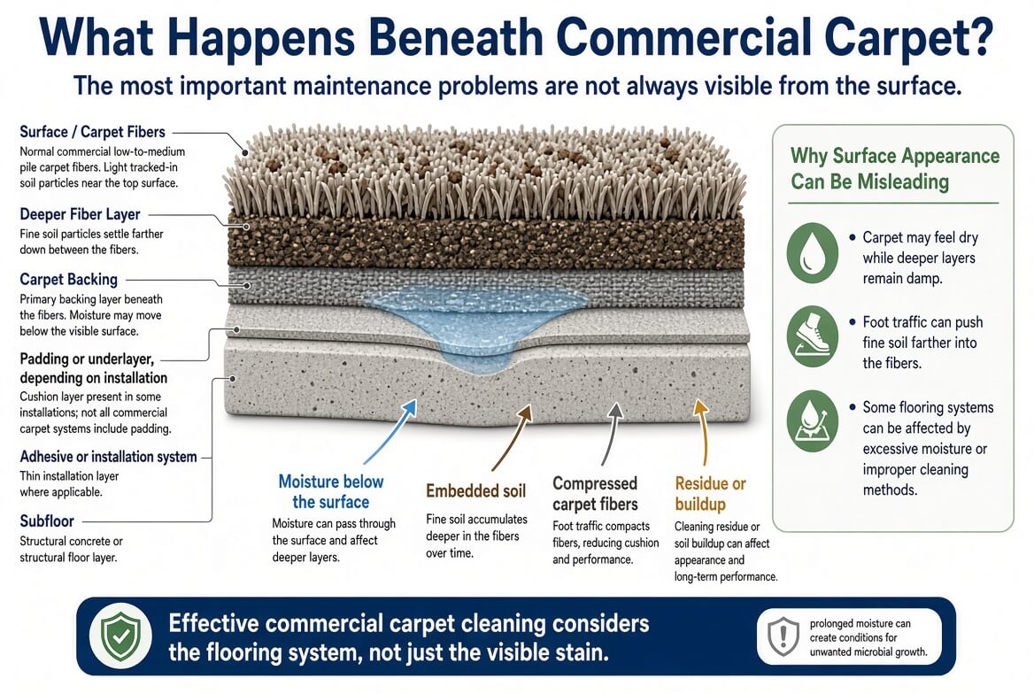 Cross-section of commercial carpet showing surface fibers, embedded soil, backing, moisture beneath the surface, installation layers, and subfloor.