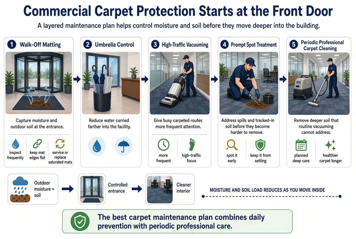 Five-step commercial carpet protection plan showing entrance matting, umbrella control, vacuuming, spot treatment, and professional carpet cleaning.