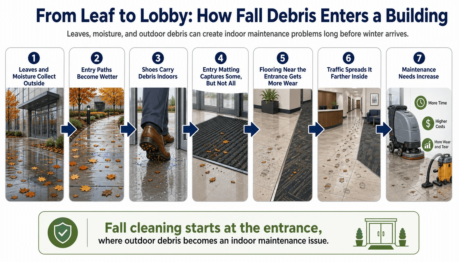 Infographic showing how leaves, moisture, and outdoor debris can move from a commercial entrance into lobby floors and interior spaces.