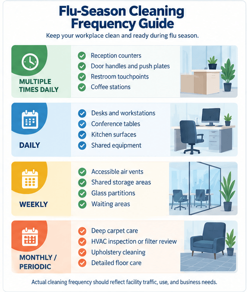 Flu-season cleaning schedule showing office areas and surfaces to address multiple times daily, daily, weekly, and periodically.