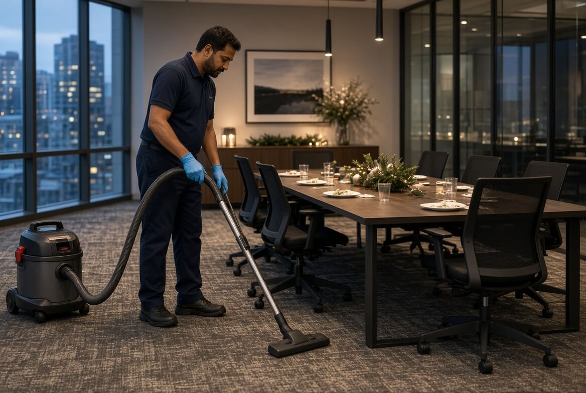 Professional cleaner vacuuming a commercial meeting room after a holiday event.