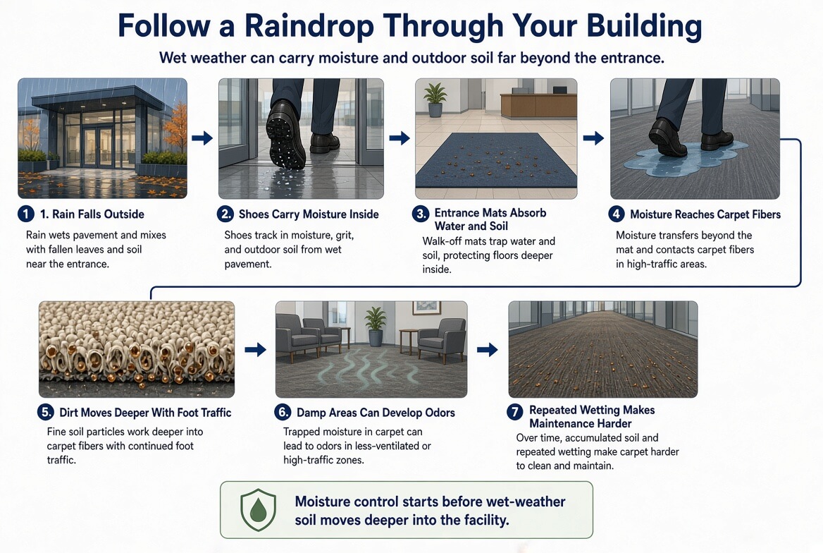 Infographic showing how rain, wet shoes, saturated entrance mats, moisture, and tracked-in soil can move through a commercial building.