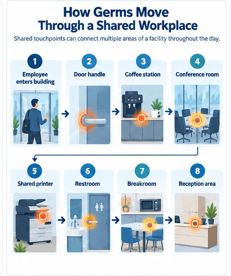 Visual journey showing shared office touchpoints from the entrance and door handle to the coffee station, printer, restroom, breakroom, and reception.