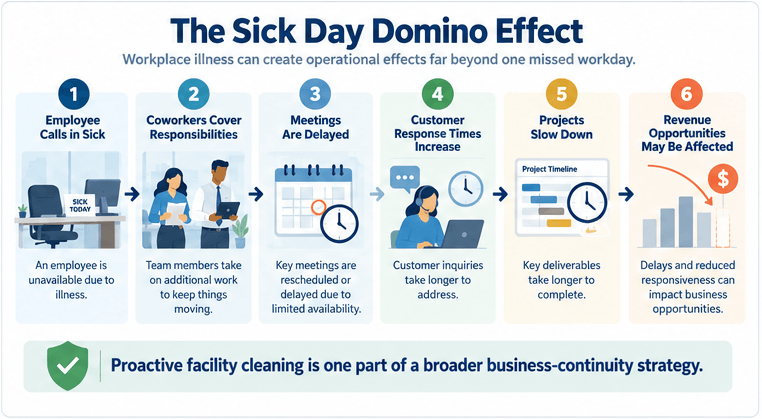 Infographic showing how one employee absence can lead to added coworker duties, meeting delays, slower responses, project delays, and business impact.