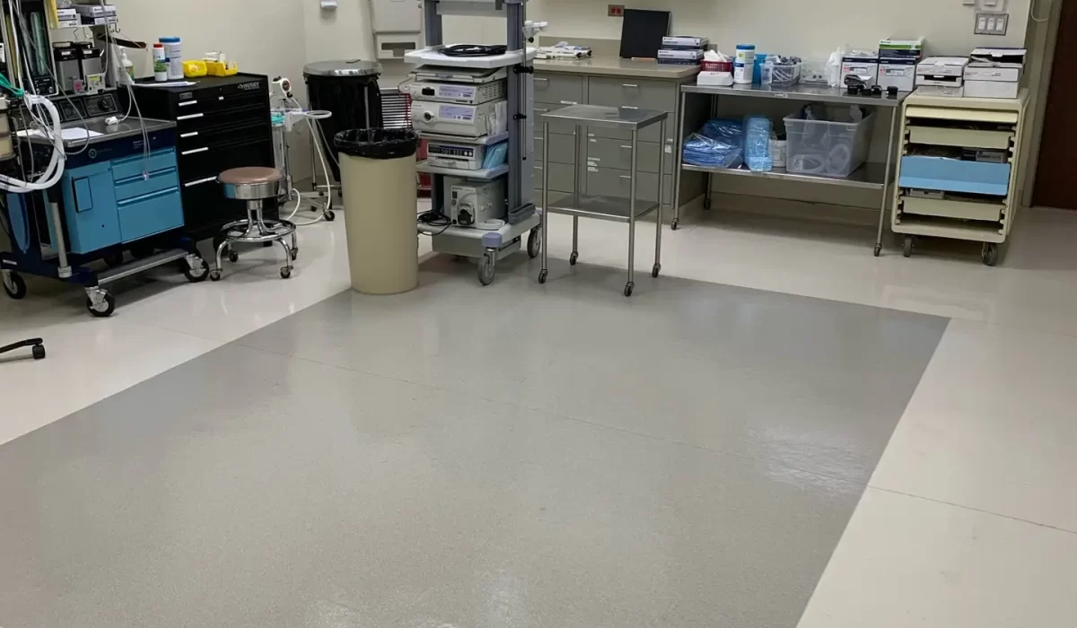 Sterile medical office space with sanitized floors and organized equipment after professional Office Cleaning services performed.